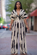 Tie Dye Print Batwing Sleeve High Waist Casual Jumpsuit-Black