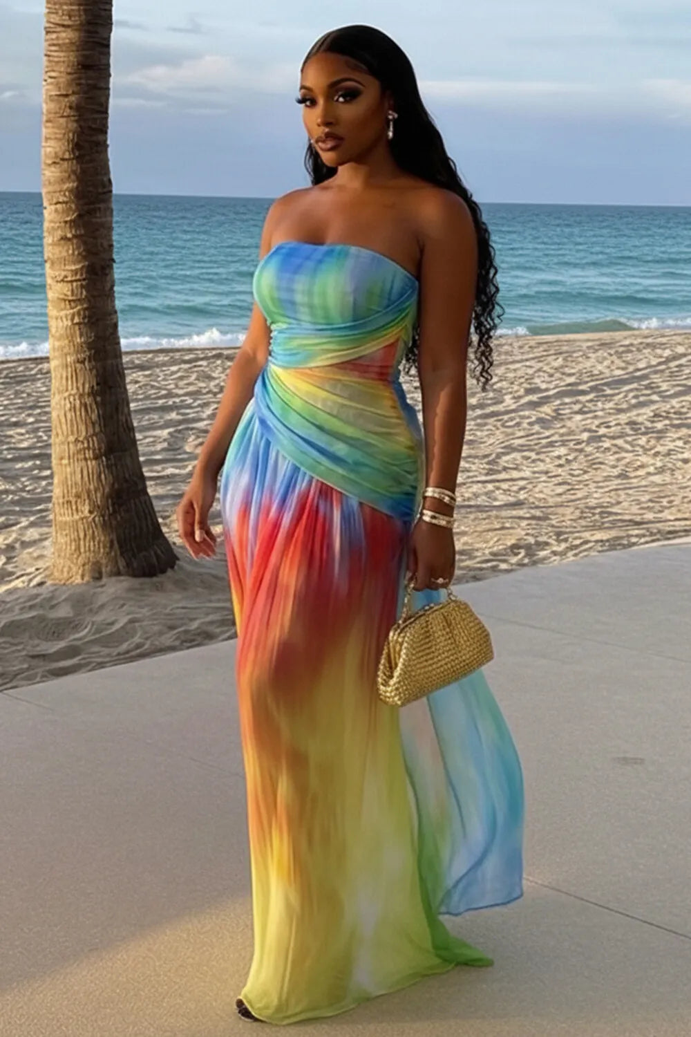 Strapless Ruched Slim Fit Mesh Vacation Maxi Dresses