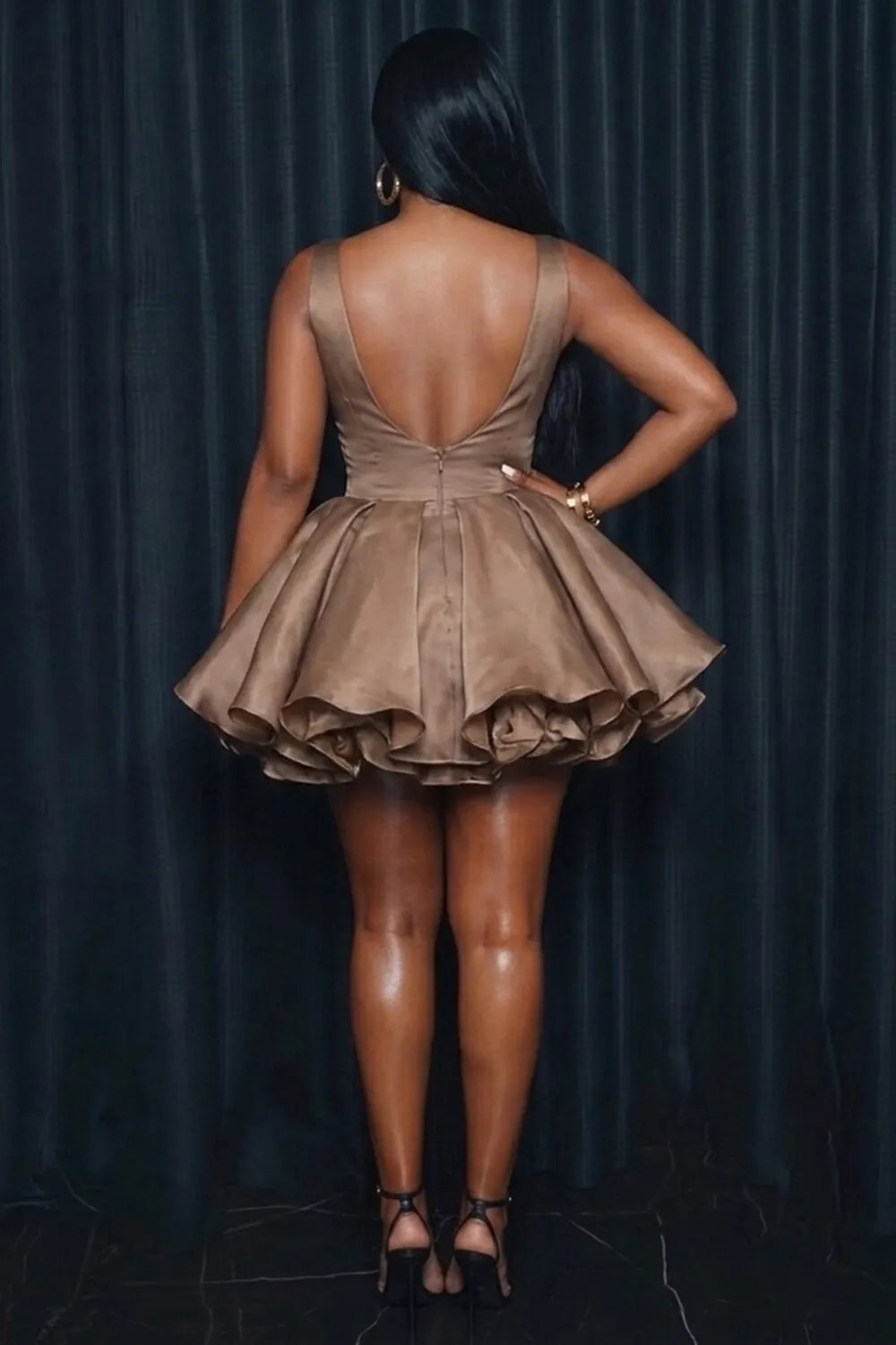 Wide Strap Deep V Neck Puff Ruffle Hem Party Mini Dresses-Mocha
