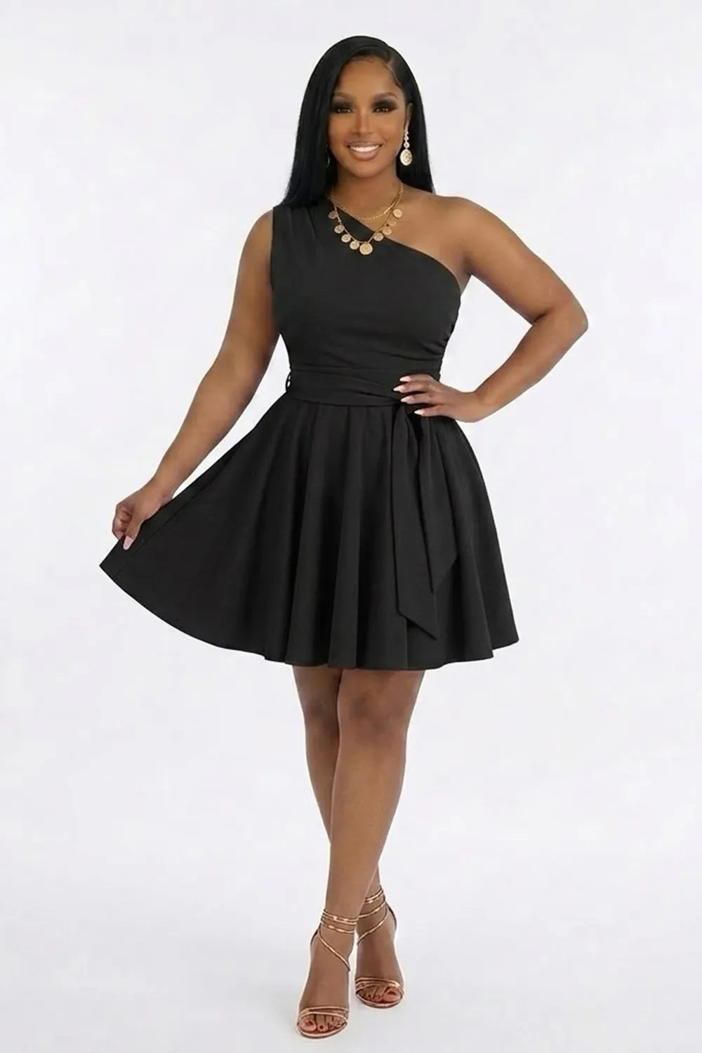 One Shoulder Skew Neck Slant Pocket Cinch Waist Ruched Mini Dresses-Black