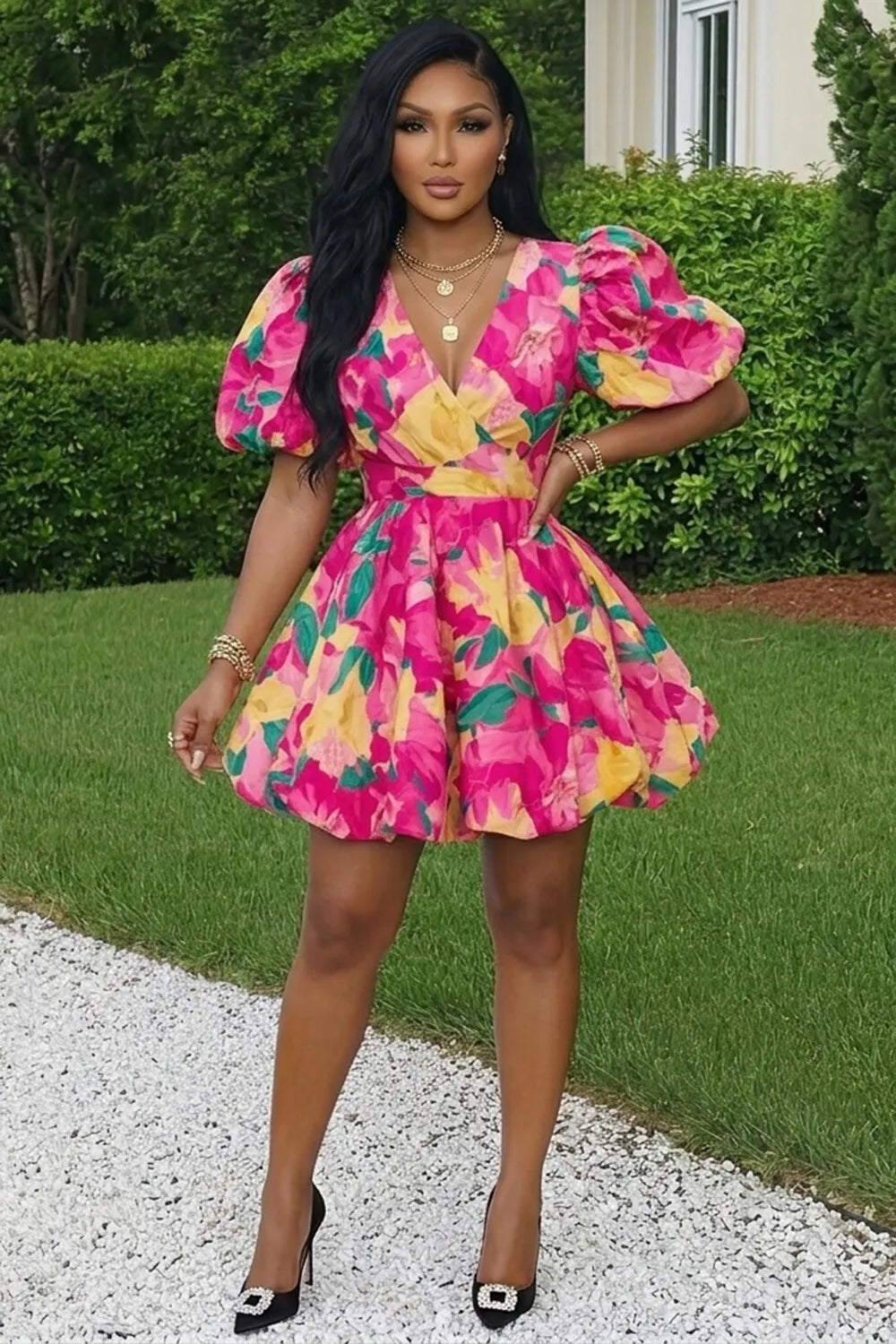 V Neck Puff Sleeve Floral Print Bubble Vacation Mini Dresses-Pink