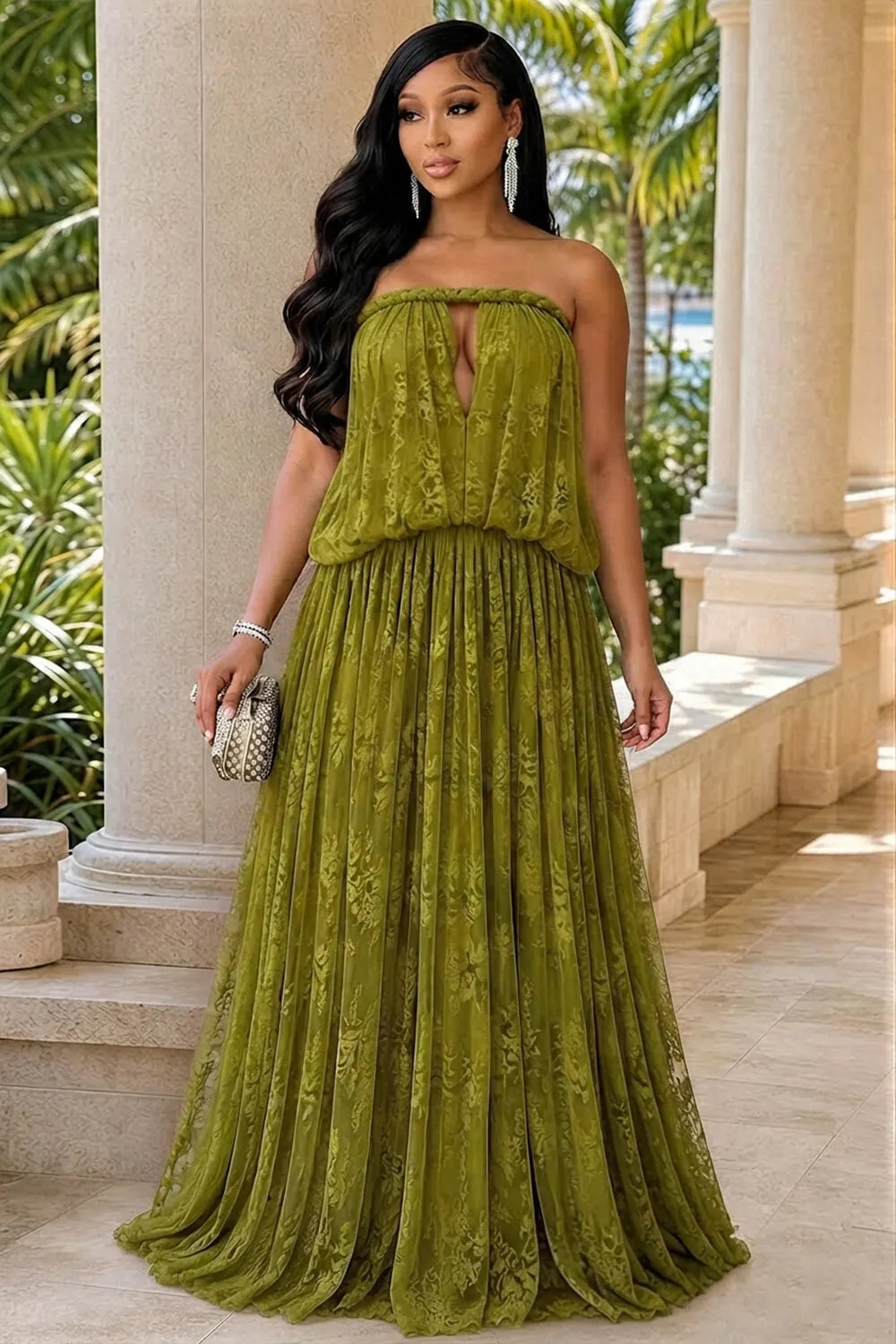 Strapless Cut Out Lace Ruffle Hem Loose Fit Maxi Dresses-Red