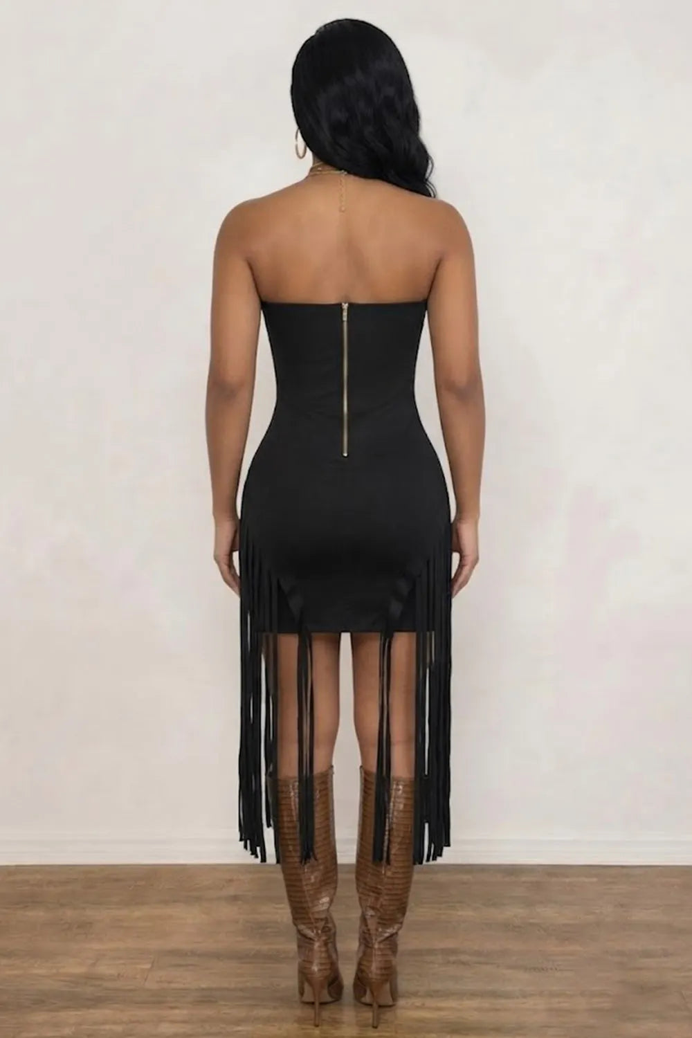 Strapless Metal Buckle Long Fringe Bodycon Suede Casual Mini Dresses-Black