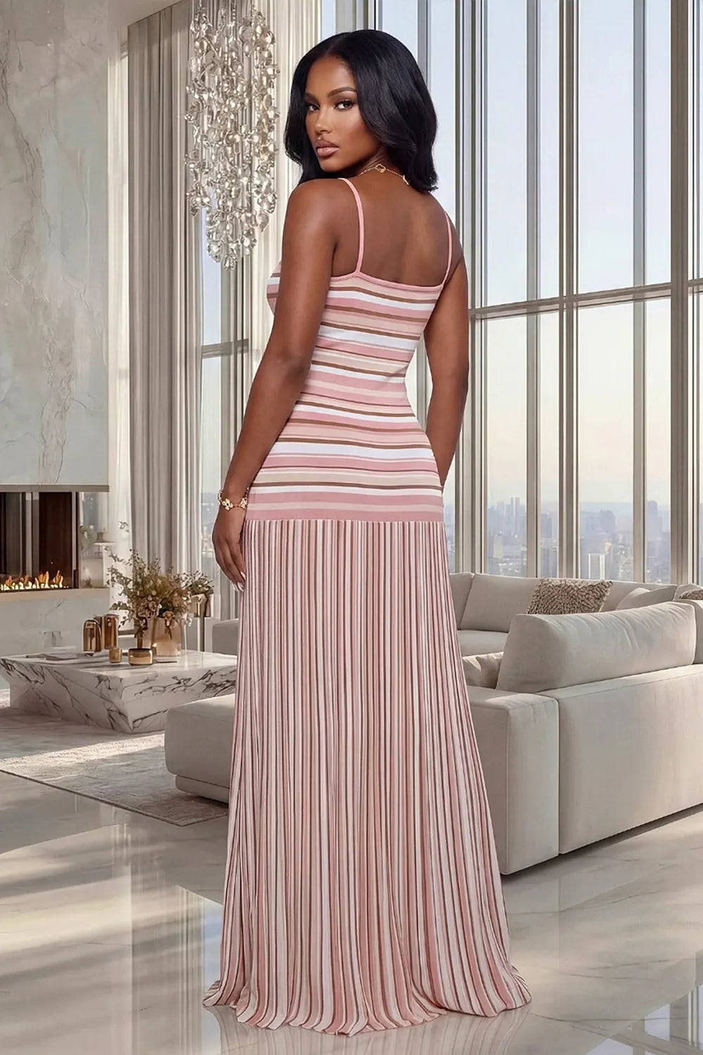 Striped Print Backless Spaghetti Strap Bodycon Vacation Maxi Dresses-Pink
