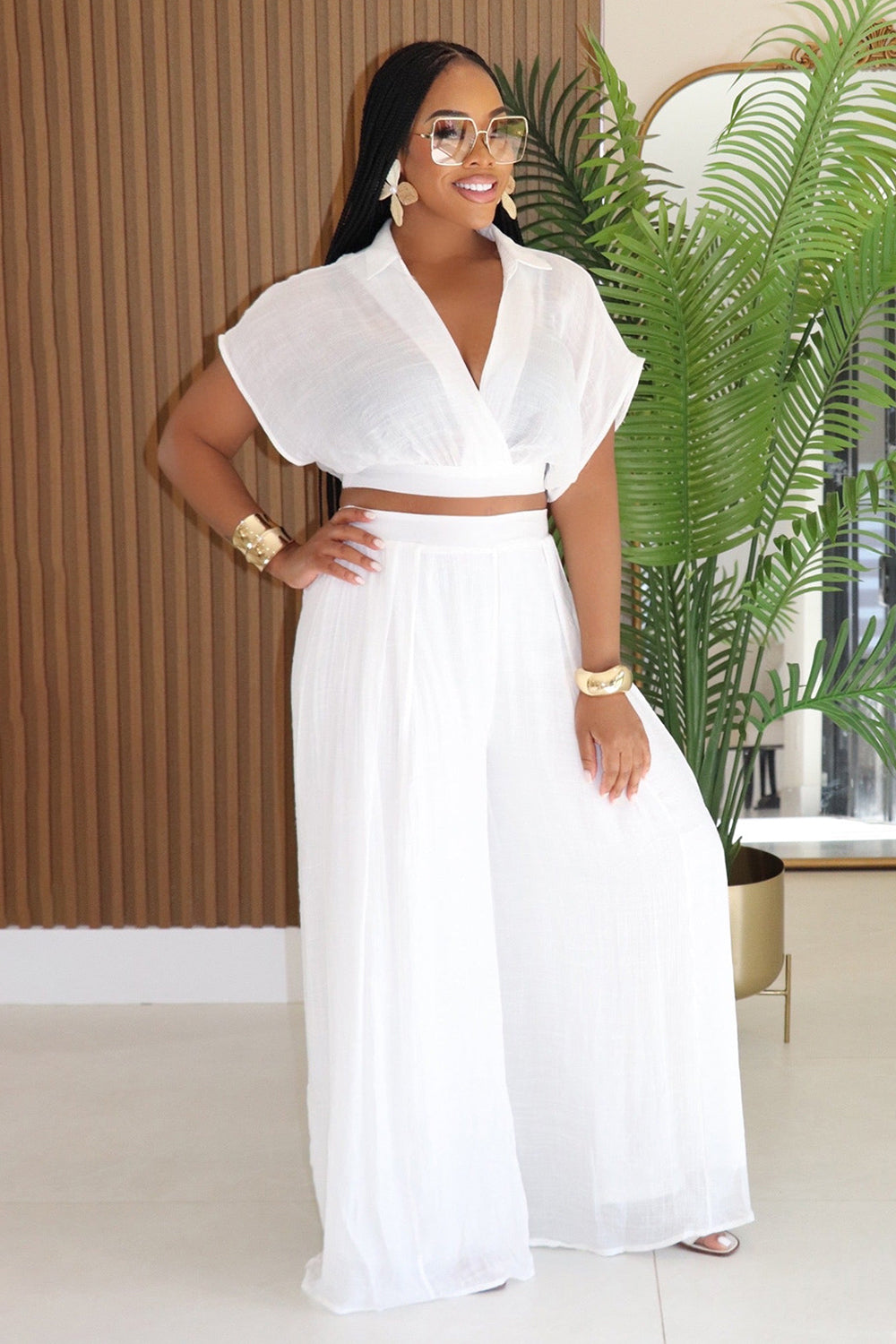 Loose Batwing Sleeve Crop Top High Waist Wide Leg Pants Casual 2pcs Set-White