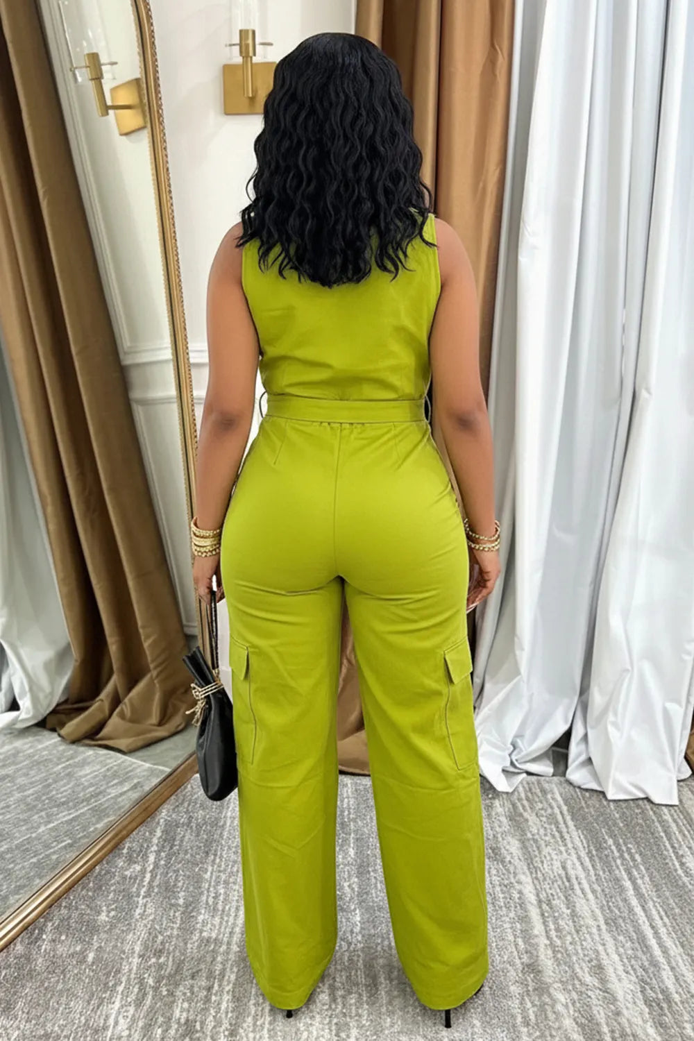 Cargo  Collar Sleeveless Zip Up Casual Jumpsuit-Green