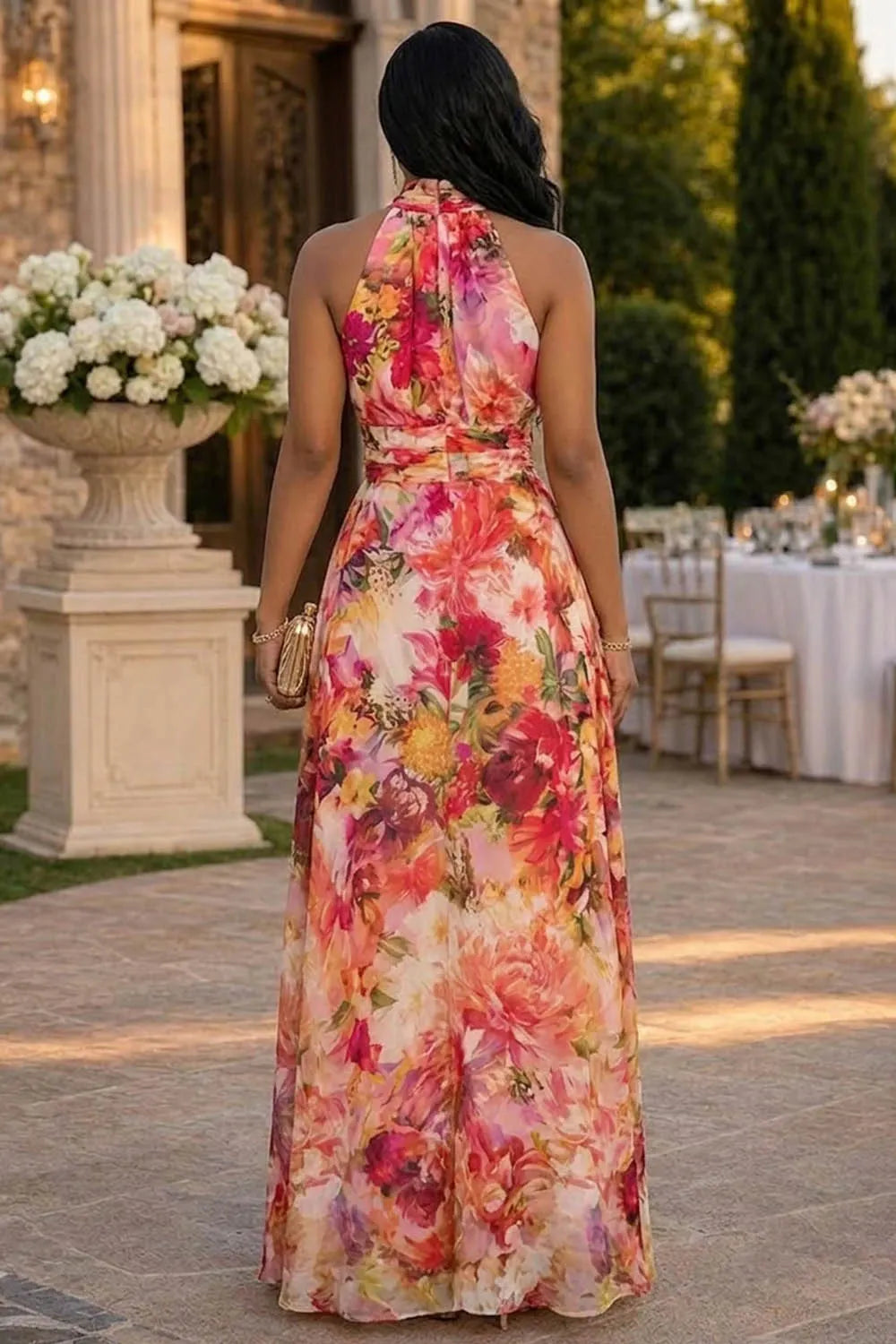 All Over Floral Print High Collar Sleeveless Slim Maxi Dresses