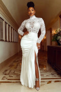 High Neck Lace Patchwork Ruched Slit Party Maxi Dresses-White