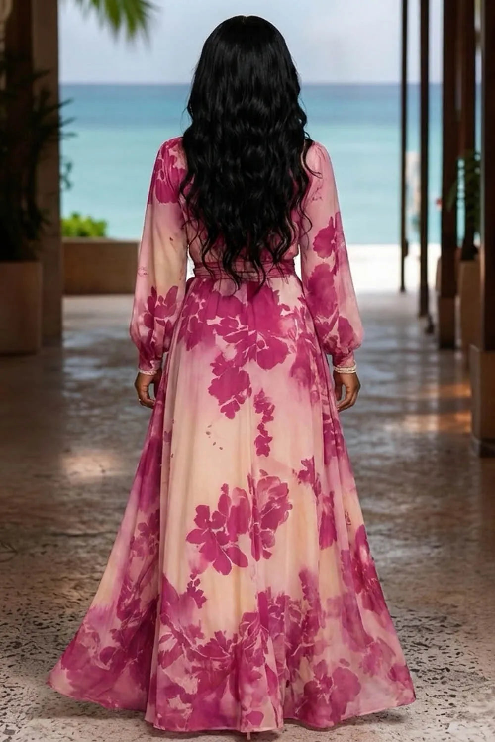 Floral Print Long Sleeve Sash Belted Wrapped Vacation Maxi Dresses-Fuchsia