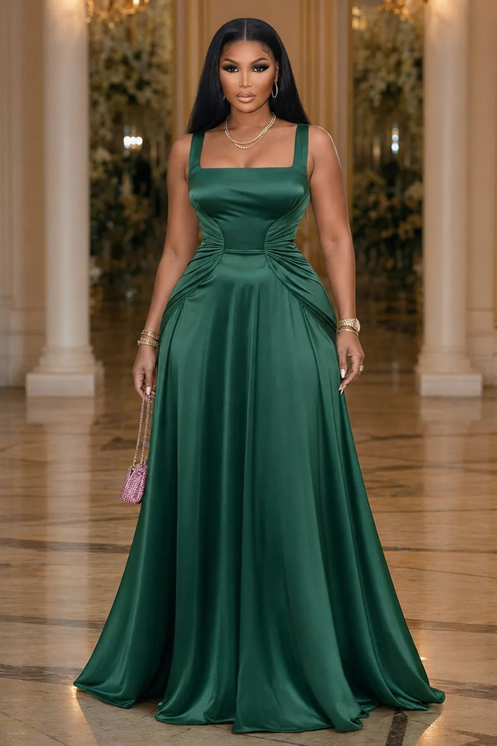 Wide Strap Square Neck Ruched Cinch Waist Maxi Dresses-Green