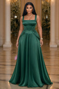 Wide Strap Square Neck Ruched Cinch Waist Maxi Dresses-Green