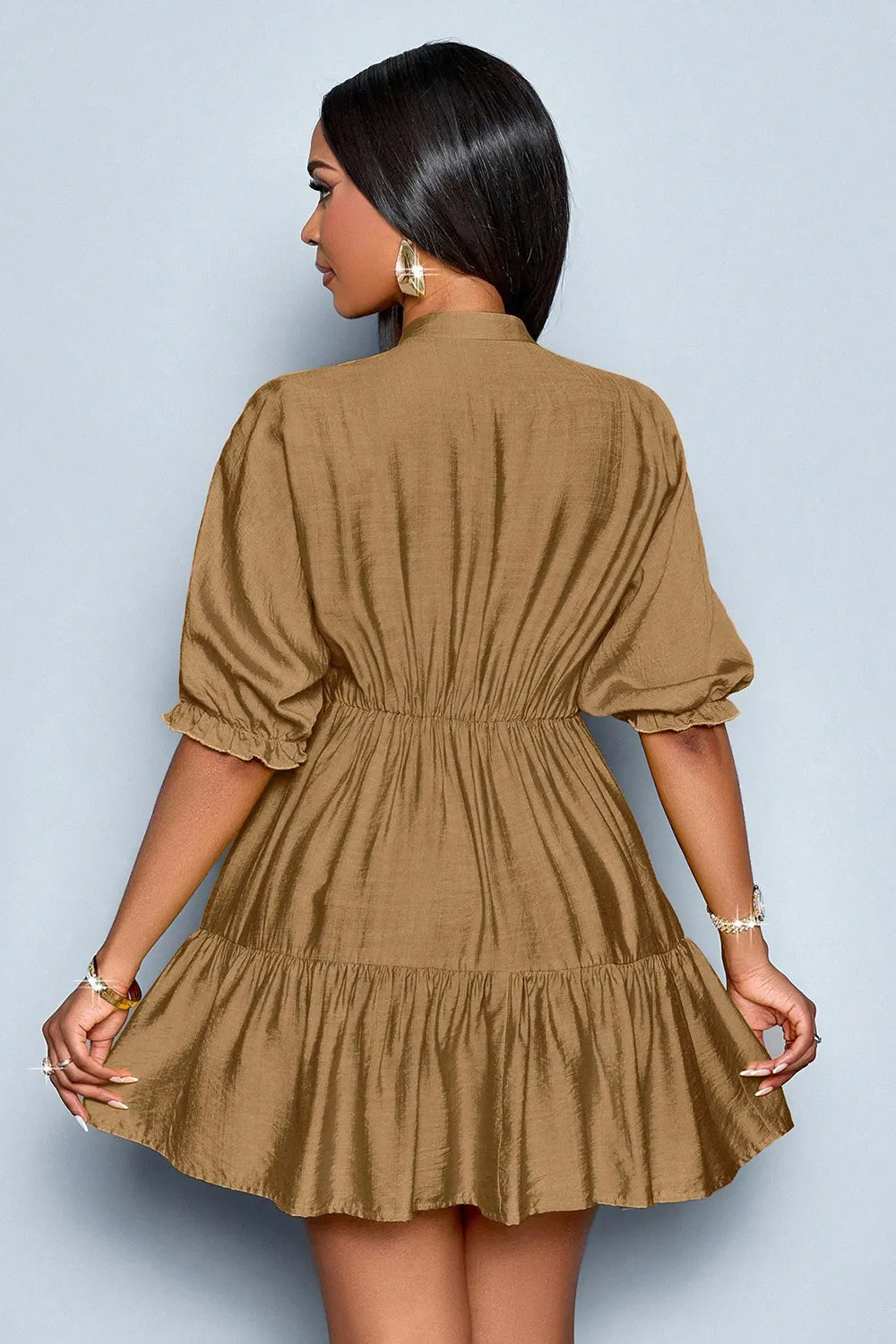 Solid Color Deep V Neck Puff Half Sleeve Tiered Party Mini Dresses-Blue