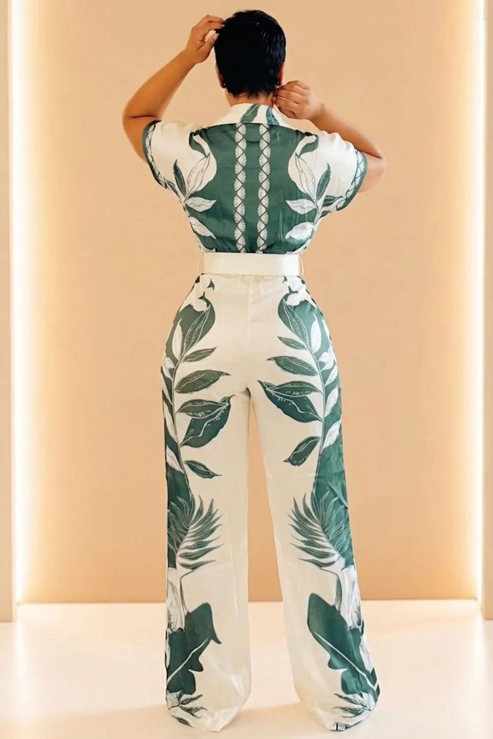 Collar Short Sleeve Leaf Print Vacation Jumpsuit-Green