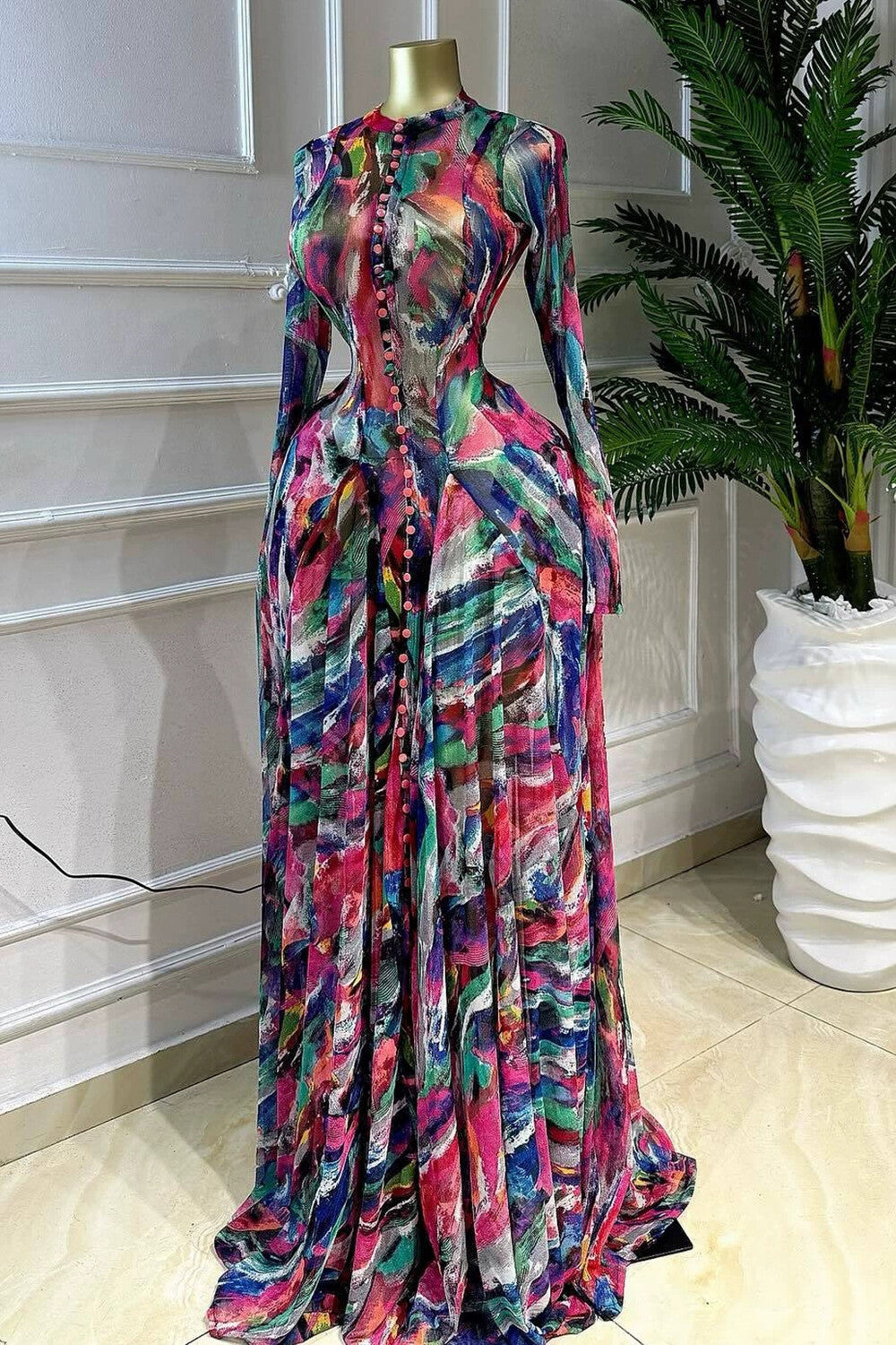 All Over Print Round Neck Long Sleeve Cinch Waist Maxi Dresses