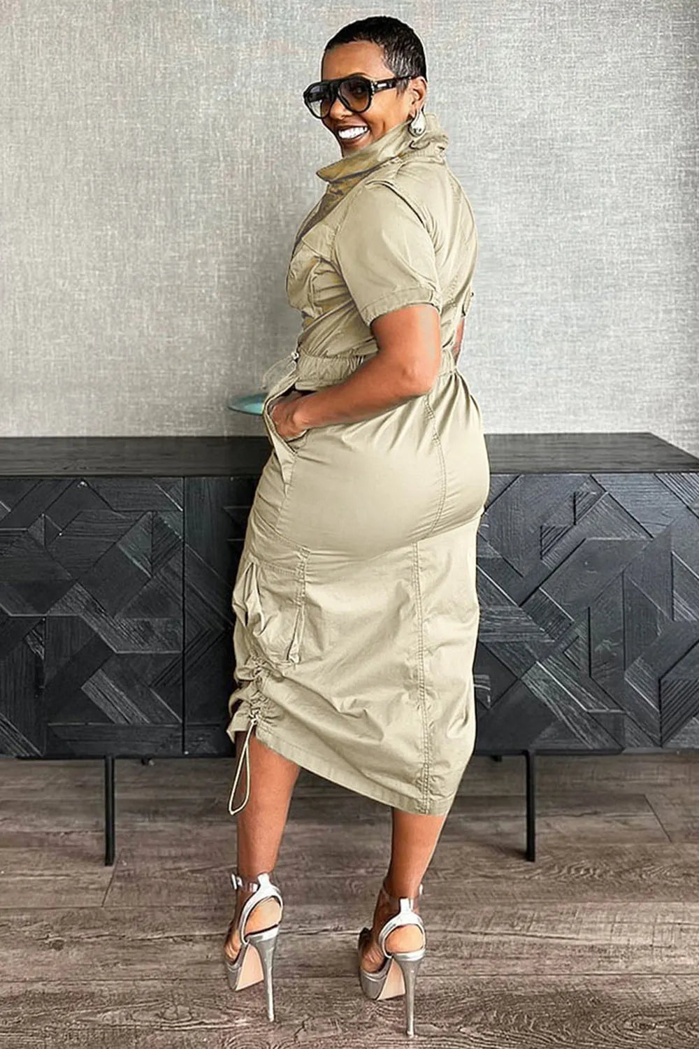 Stand Collar Zipper Drawstring Waist Pocket Midi Dresses-Green