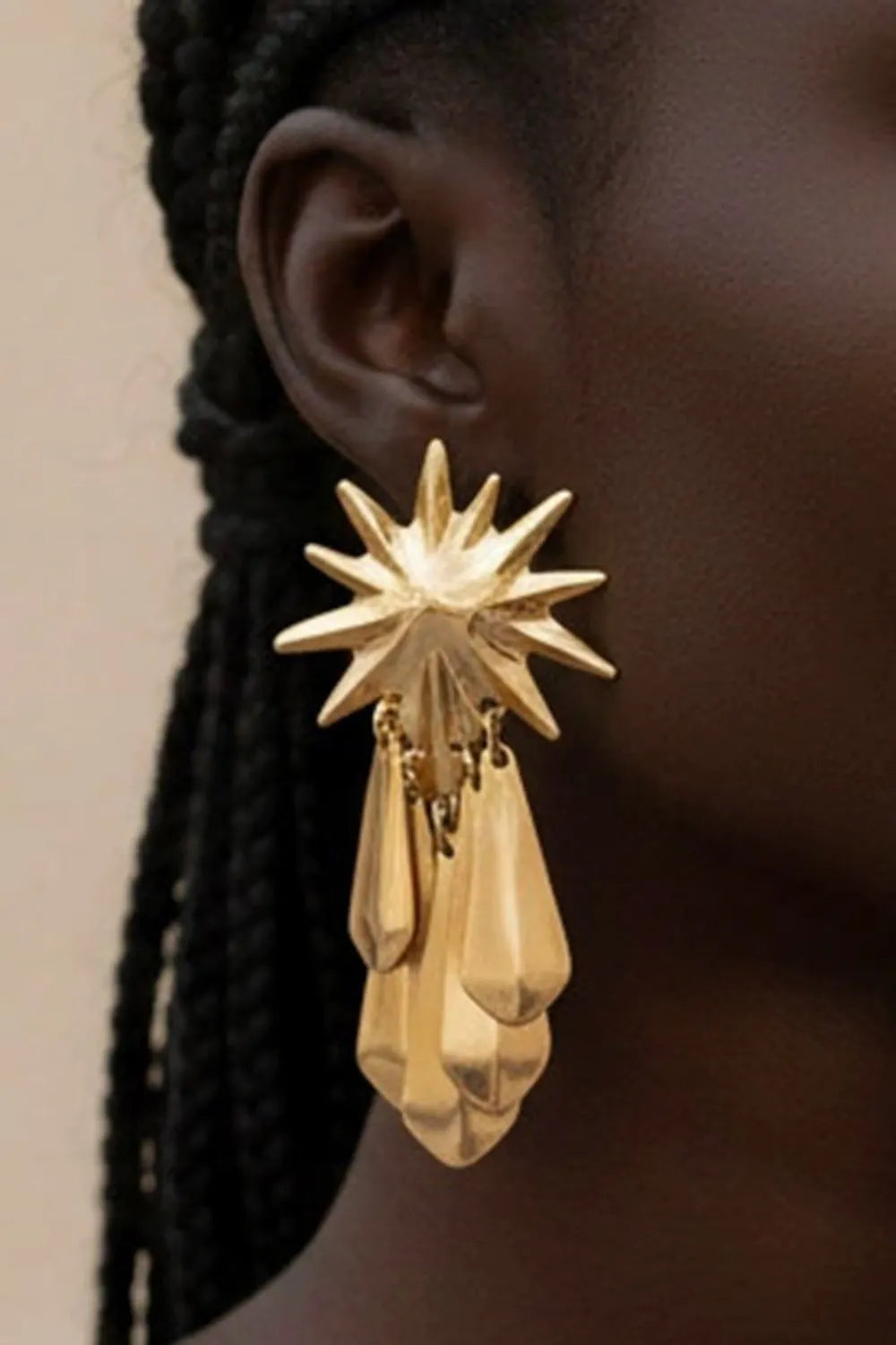Geometric Sun Motif Metal Fringed Dangle Earrings