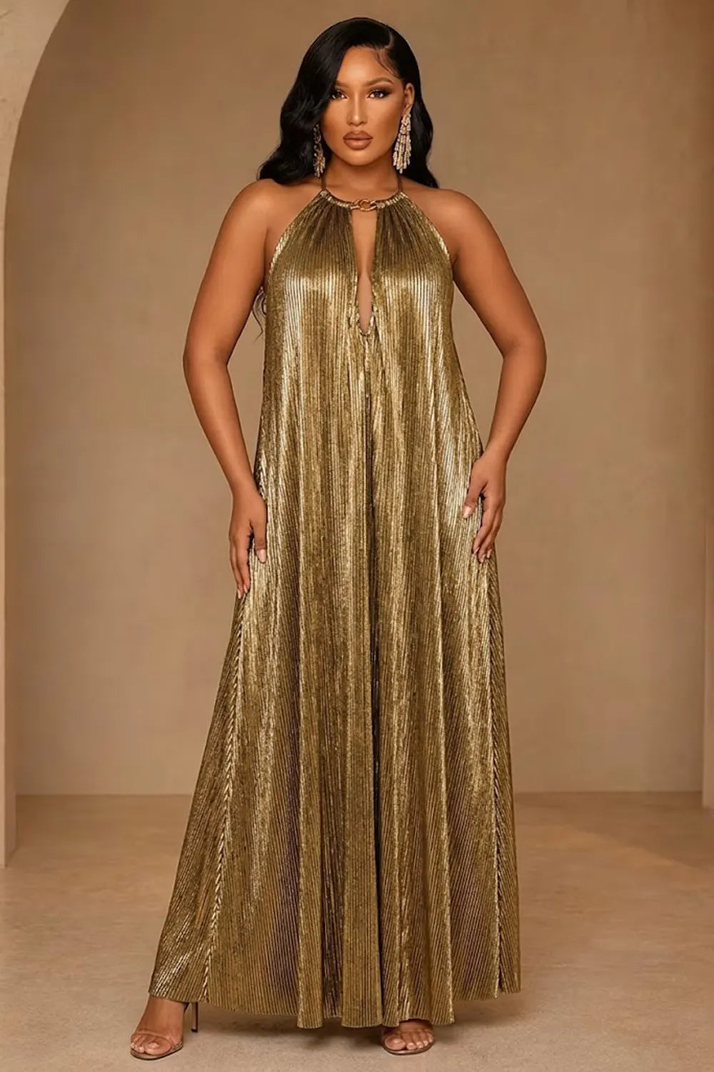 Halter Neck Metallic Bronzing Backless Loose Fit Vacation Maxi Dresses-Gold