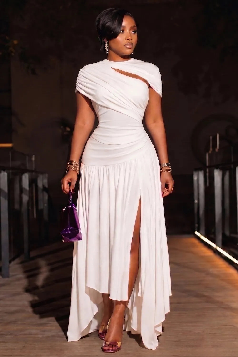 Round Neck Cut Out Irregular Hem Gowns Maxi Dresses-White
