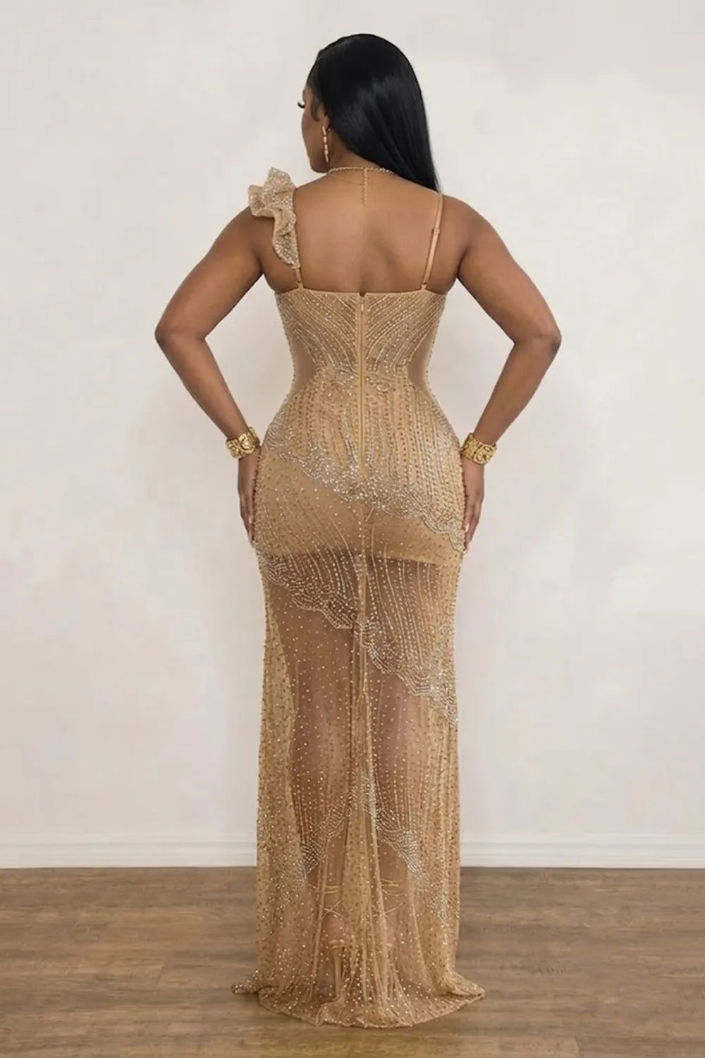 Mesh See-Through V Neck Hot Drillings Slit Cami Party Maxi Dresses-Apricot