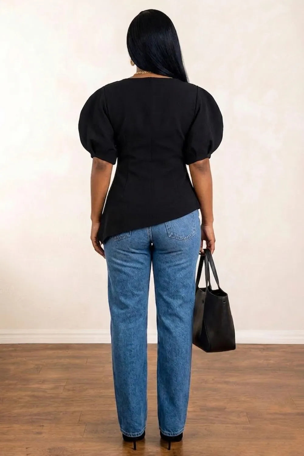 Solid Color Round Neck Bubble Sleeve Cinch Waist Irregular Hem Top-Black