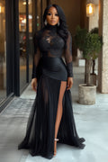 High Neck Lace Patchwork Slit Tulle Hem Maxi Dresses-Black