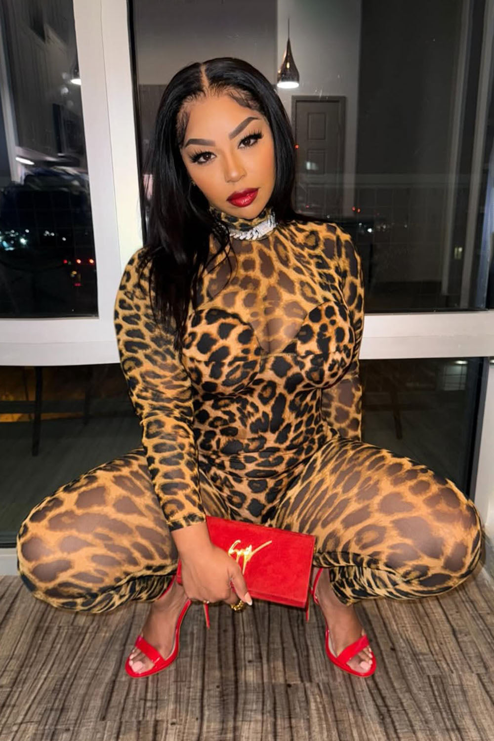 High Neck Leopard Print Semi-Sheer Bodycon Party Jumpsuit-Brown