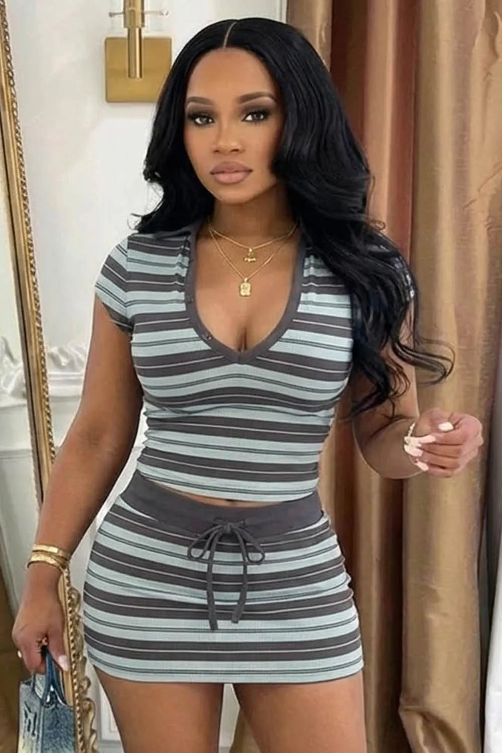 Striped V Neck Short Sleeve Top Mini Skirt Casual 2pcs Set-Gray