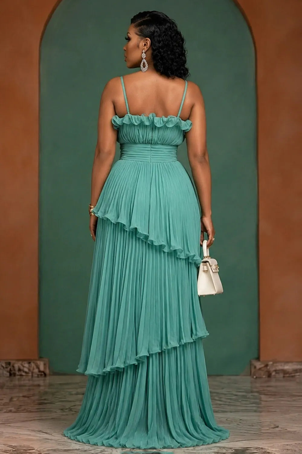 Ruffle Pleated Spaghetti Strap Vacation Maxi Dresses-Turquoise