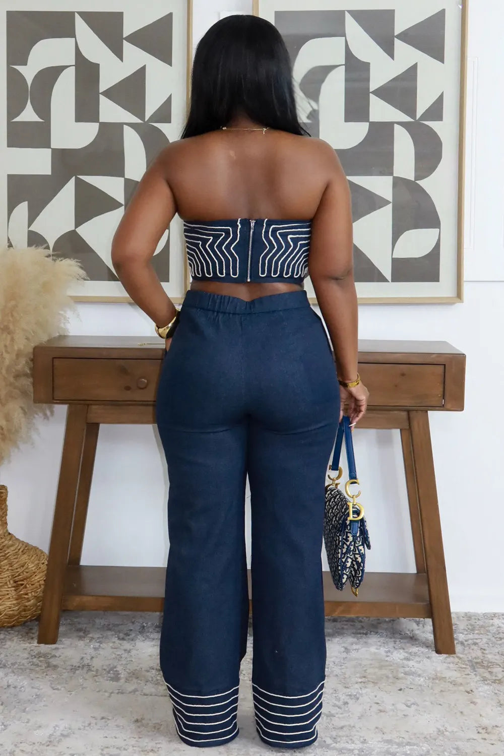Geometric Print Strapless Top Wide Leg Pants Casual 2pcs Set-Navy