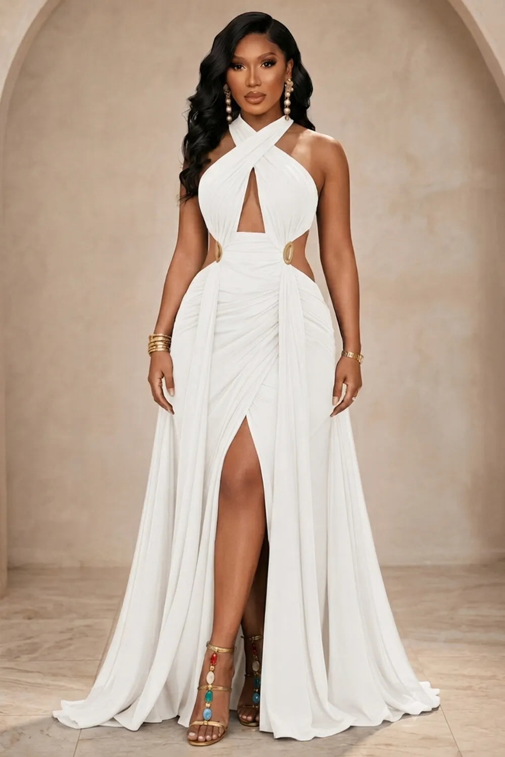 Halter Front Cut Out Streamer Slit Backless Maxi Dresses-Blue