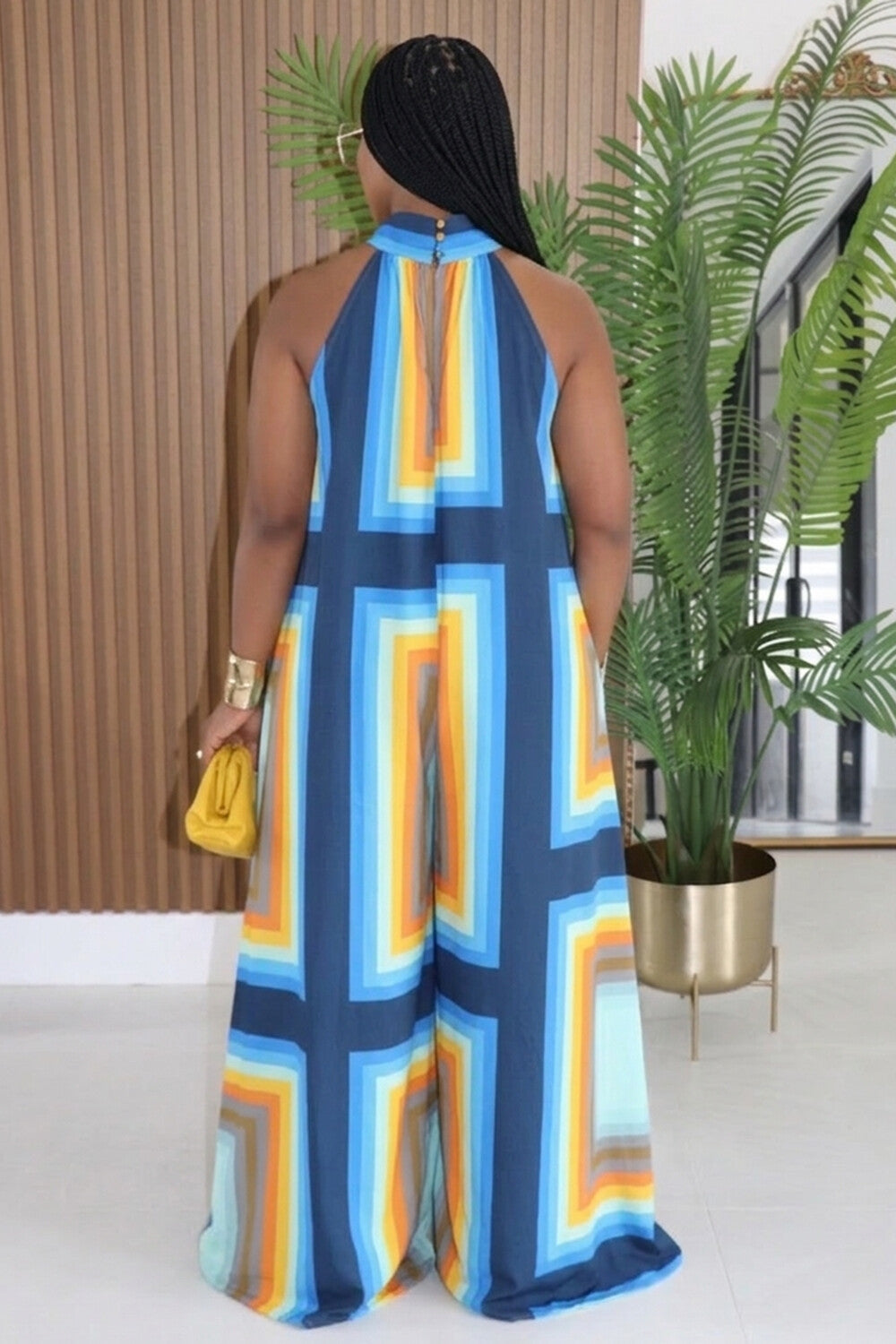 Halter Sleeveless Geometric Print Wide Leg Casual Jumpsuit-Navy