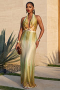 Halter Deep V Neck Backless Gradient Print Slim Vacation Maxi Dresses-Green