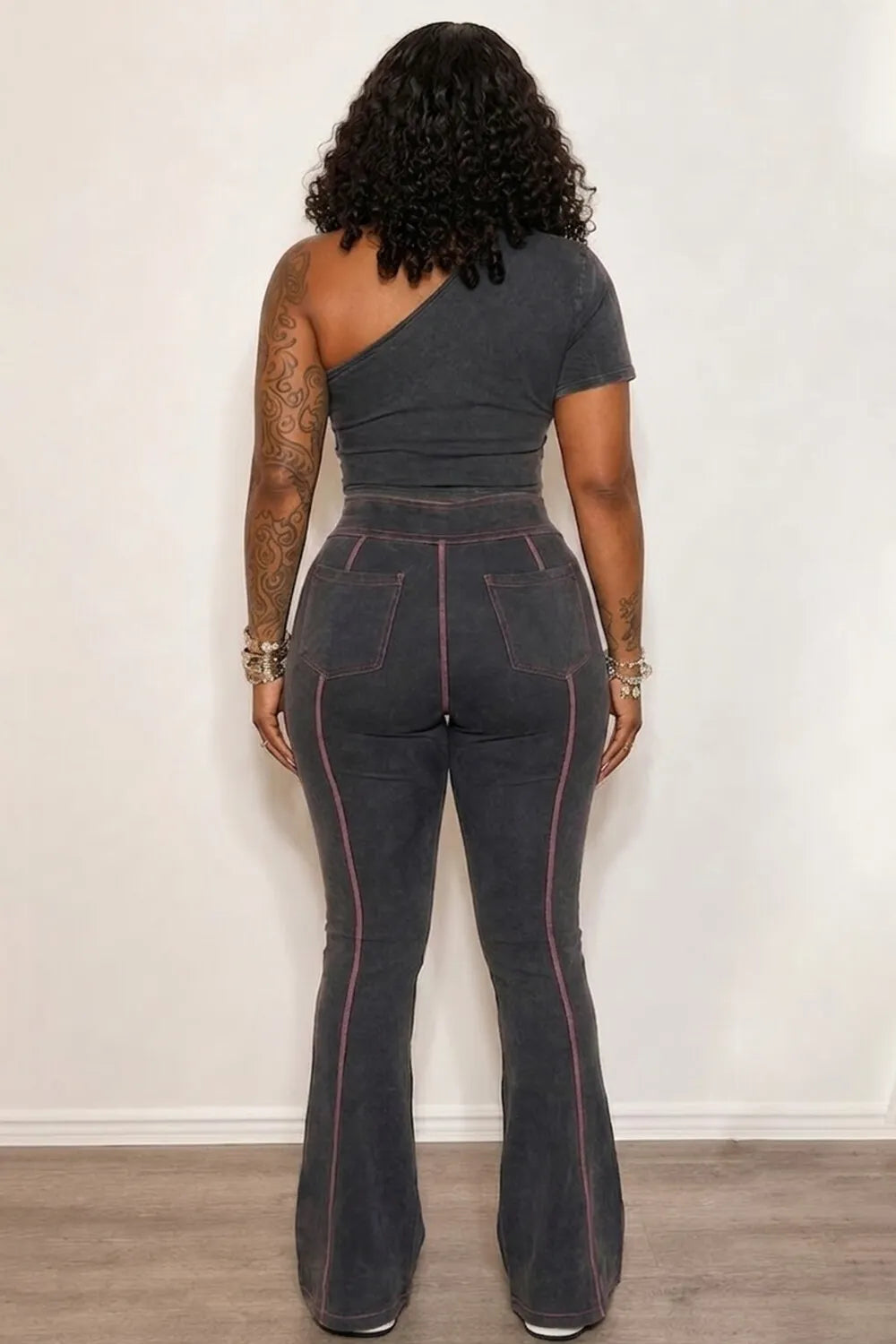 Contrast Piping One Shoulder Top Bootcut Pants 2pcs Set-Gray