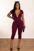 U Neck Short Sleeve Slim Fit Solid Color Capris Jumpsuit-Burgundy