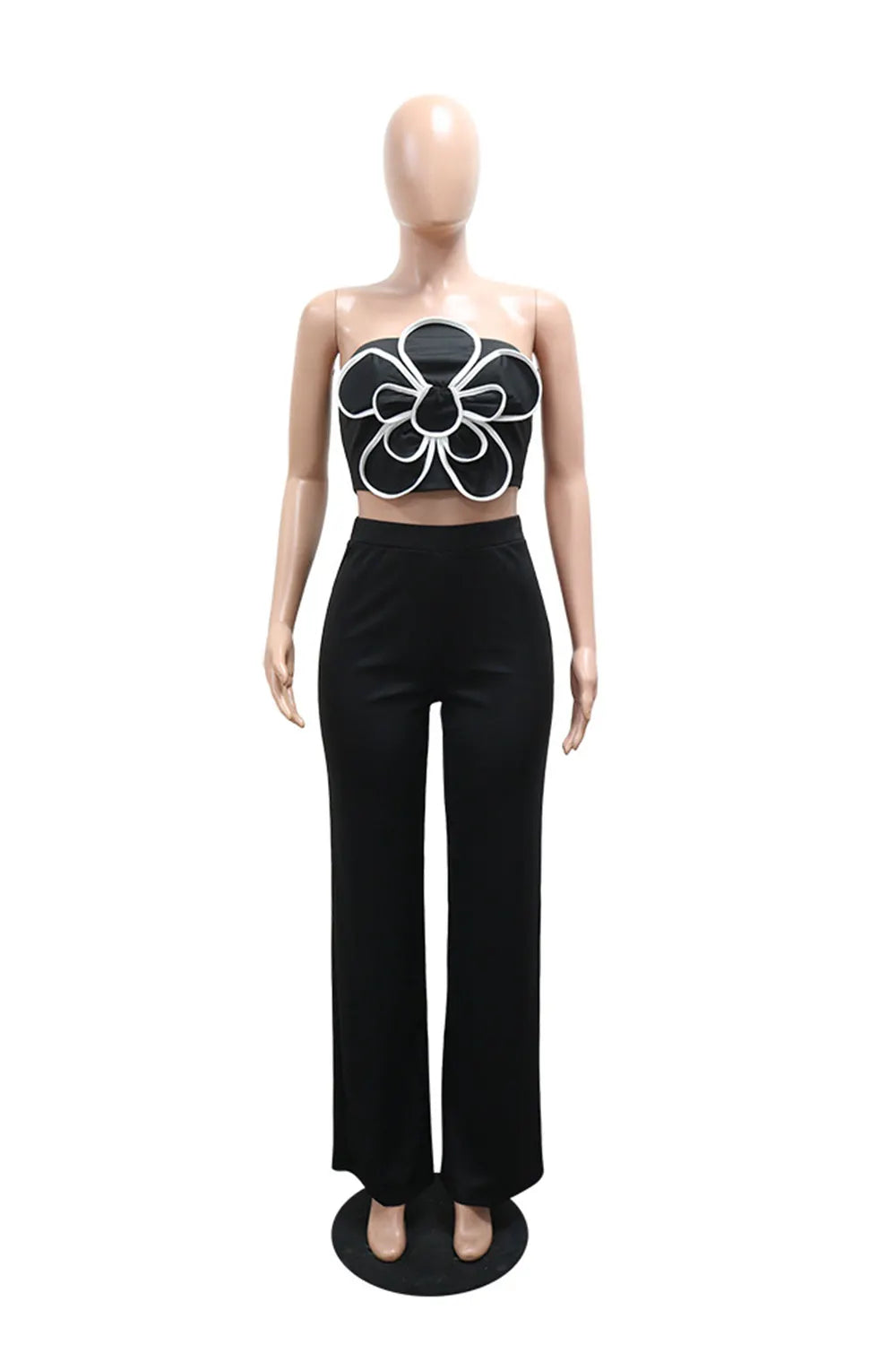 Strapless Contrast Piping Flower Top Wide Leg Pants Casual 2pcs Set-Black
