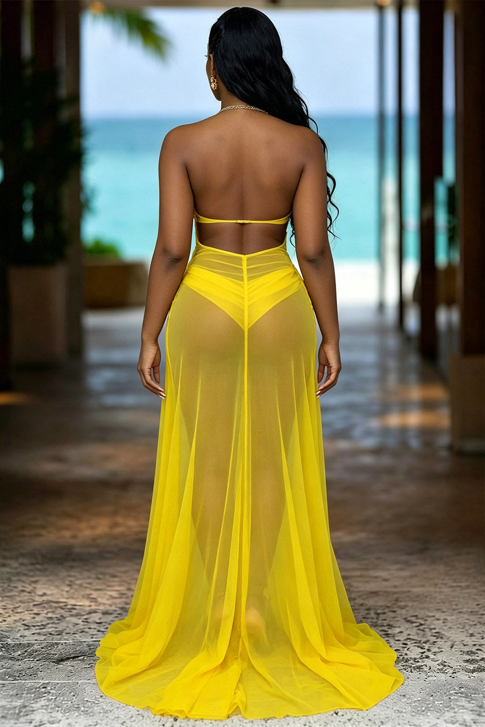 Halter Deep V Neck Cut Out Mesh Vacation Maxi Dresses-Yellow