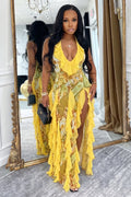 Halter Backless Ruffle Trim High Slit Floral Maxi Dresses-Yellow