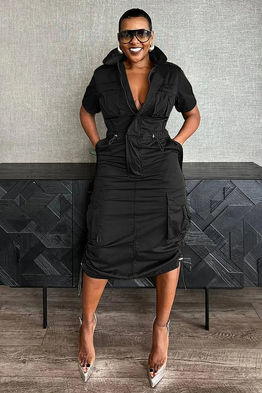 Stand Collar Zipper Drawstring Waist Pocket Midi Dresses-Green