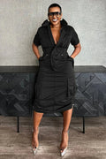 Stand Collar Zipper Drawstring Waist Pocket Midi Dresses-Green