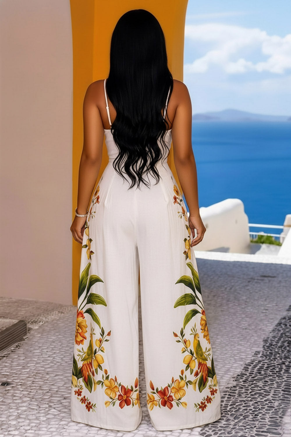 Cami Neck Cinch Waist Floral Wide Leg Vacation Jumpsuit-Beige