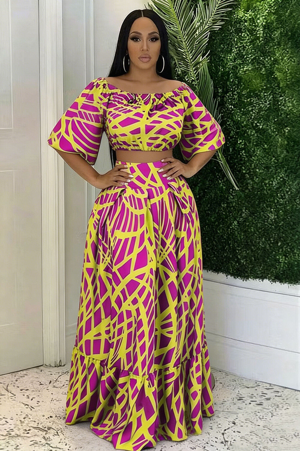 All Over Print Boat Neck Crop Top Bouffant Maxi Skirt Casual 2pcs Set-Purple