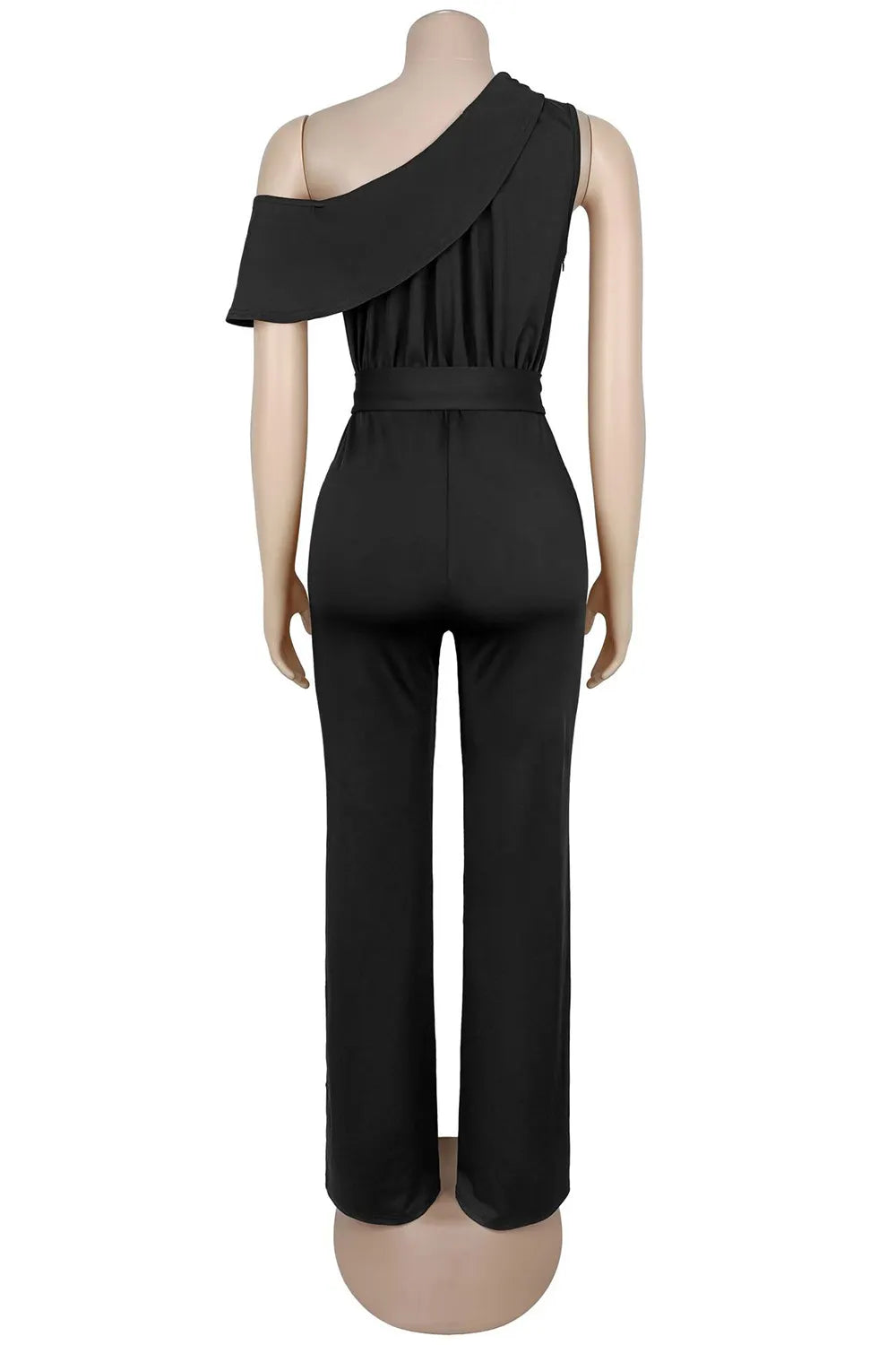One Shoulder Metal Buckle Cinch Waist Slim Solid Color Casual Jumpsuit-Black