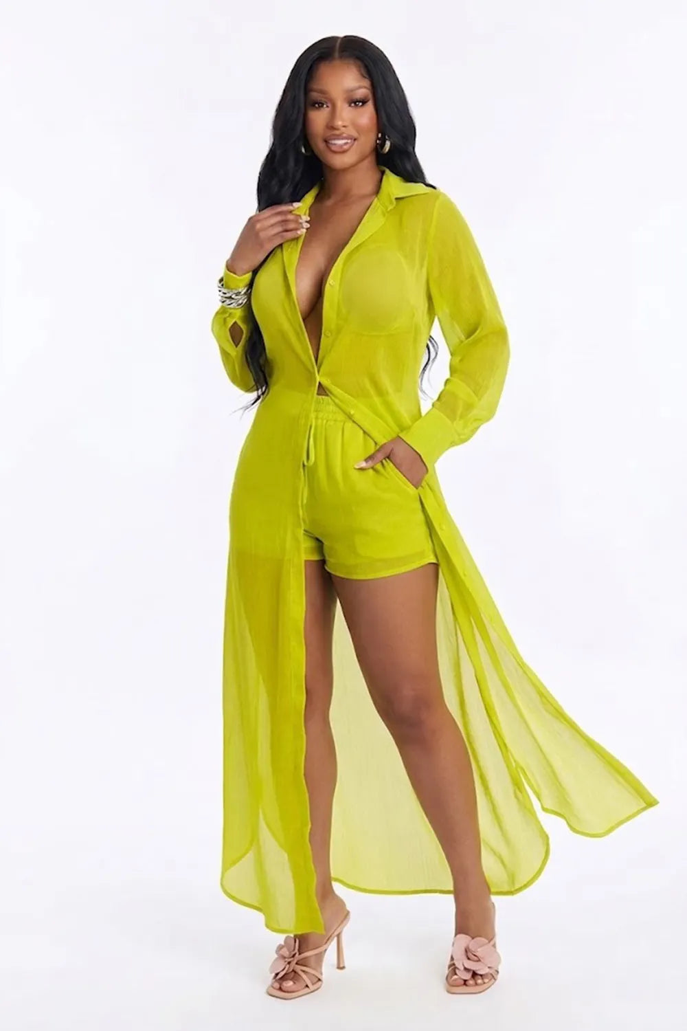 See Through Mesh Long Sleeve Button Slit Long Top Shorts 2pcs Set-Fuchsia