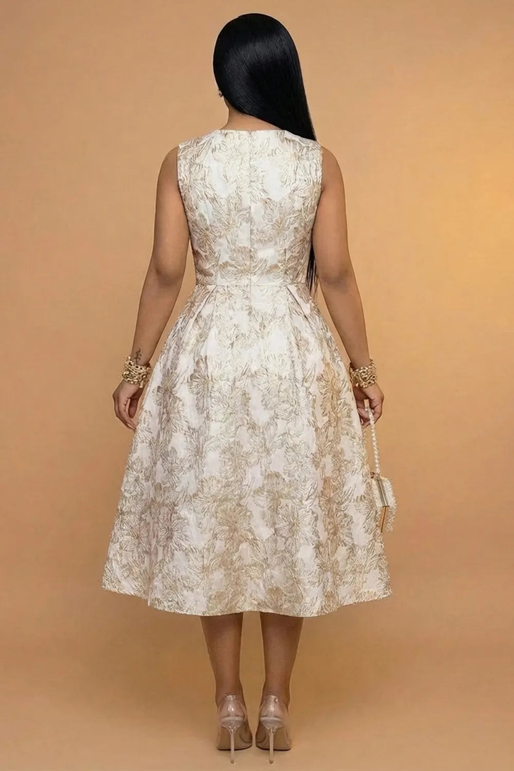V Neck Sleeveless Cinch Waist Floral Gowns Maxi Dresses-Gold