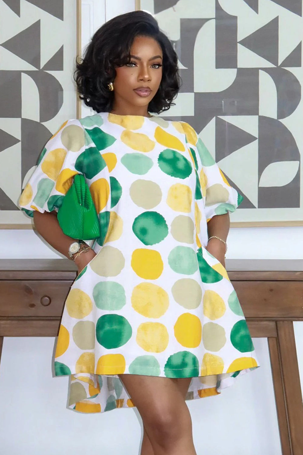 All Over Print Puff Sleeve Loose Fit Mini Dresses