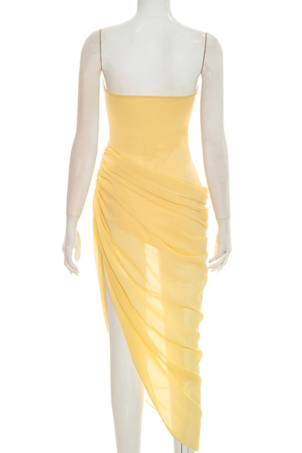 Strapless Ruched High Slit Mesh Patchwork Hem Gowns Maxi Dresses-Yellow