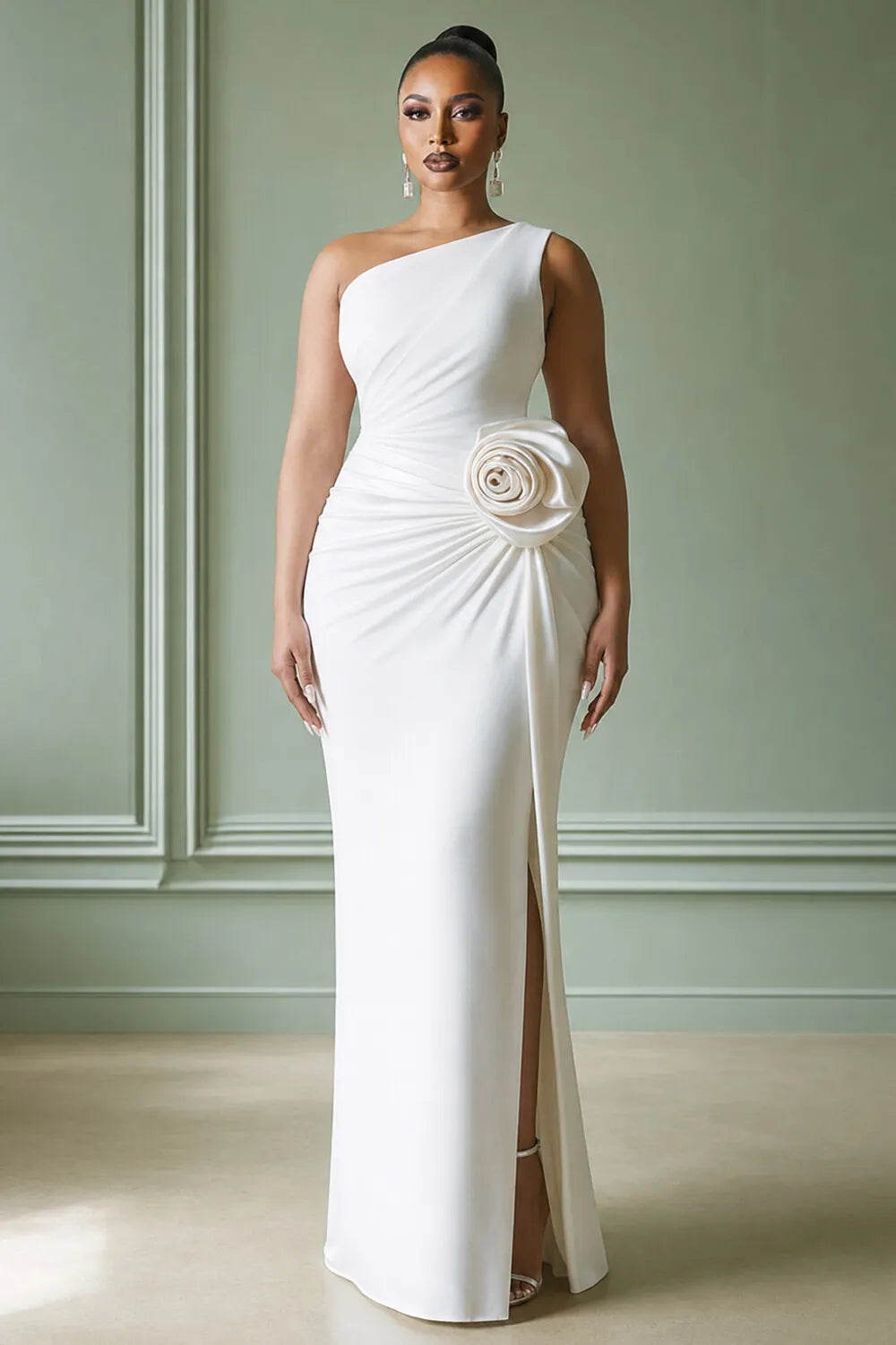 Oblique Collar Ruched 3D Floral Slit Slim Fit Maxi Dresses-White