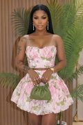Floral Cami Neck Top Bubble Mini Skirt Vacation 2pcs Set-Pink