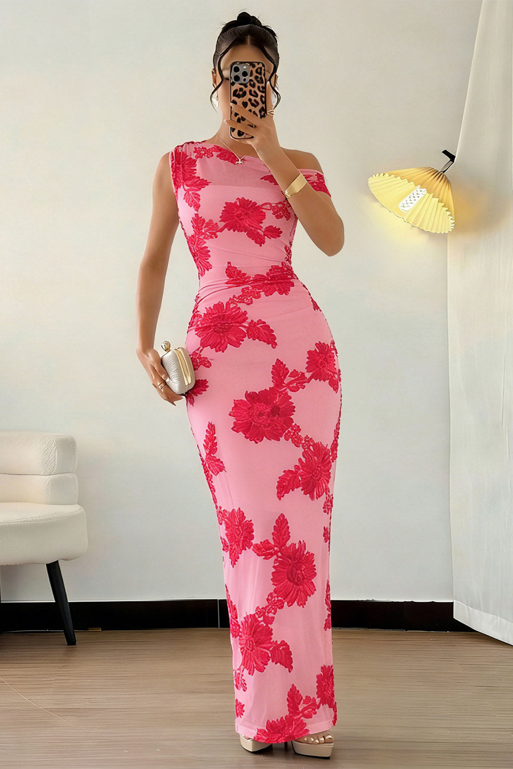 One Shoulder Floral Pattern Mesh Patchwork Slim Fit Gowns Maxi Dresses-Blue