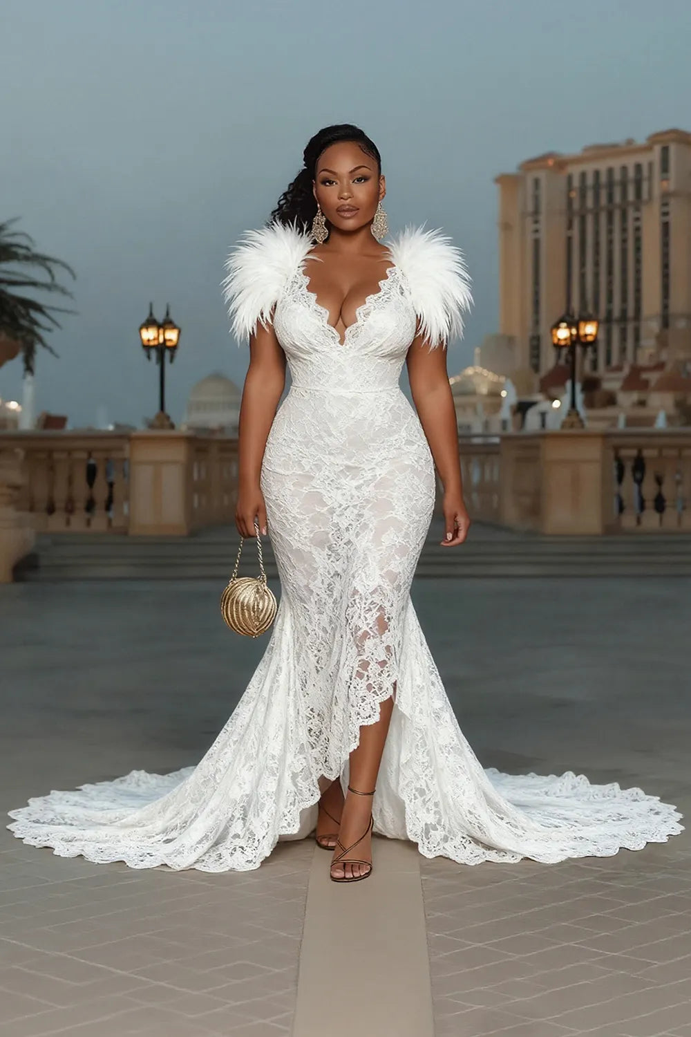 Fluffy Patchwork Fitted Mermaid Gowns Lace Maxi Dresses-White
